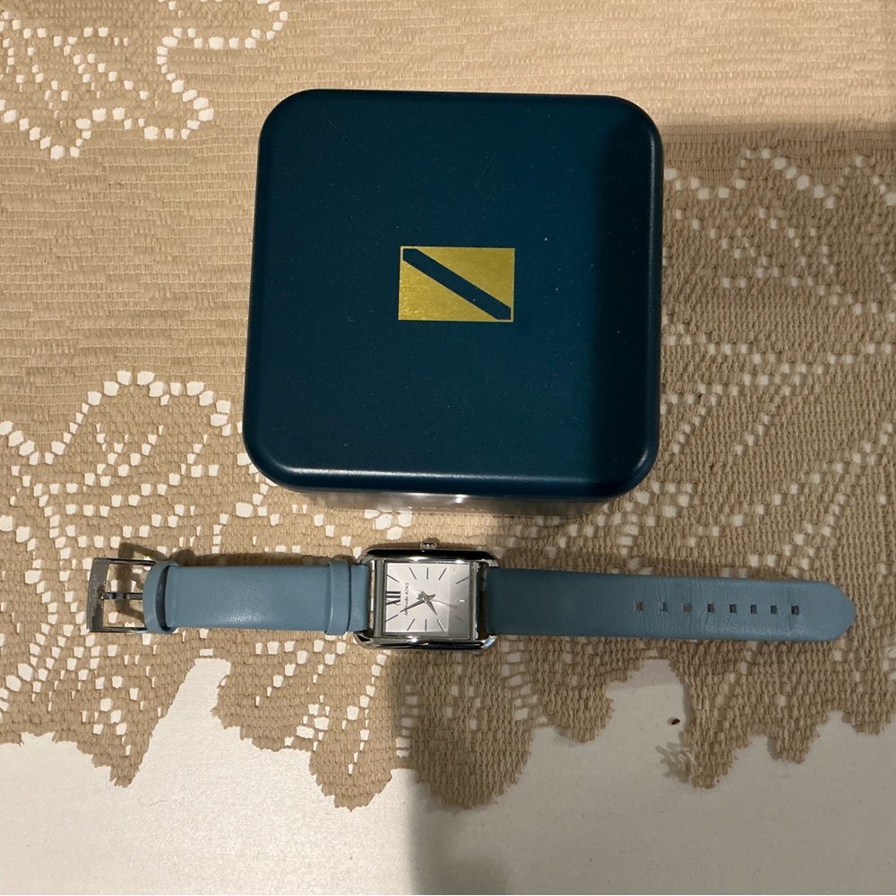 Michael Kors Watch MKO-1061 Women’s Silver Square Blue Strap ~Petite Monroe~NIB - Picture 3 of 6